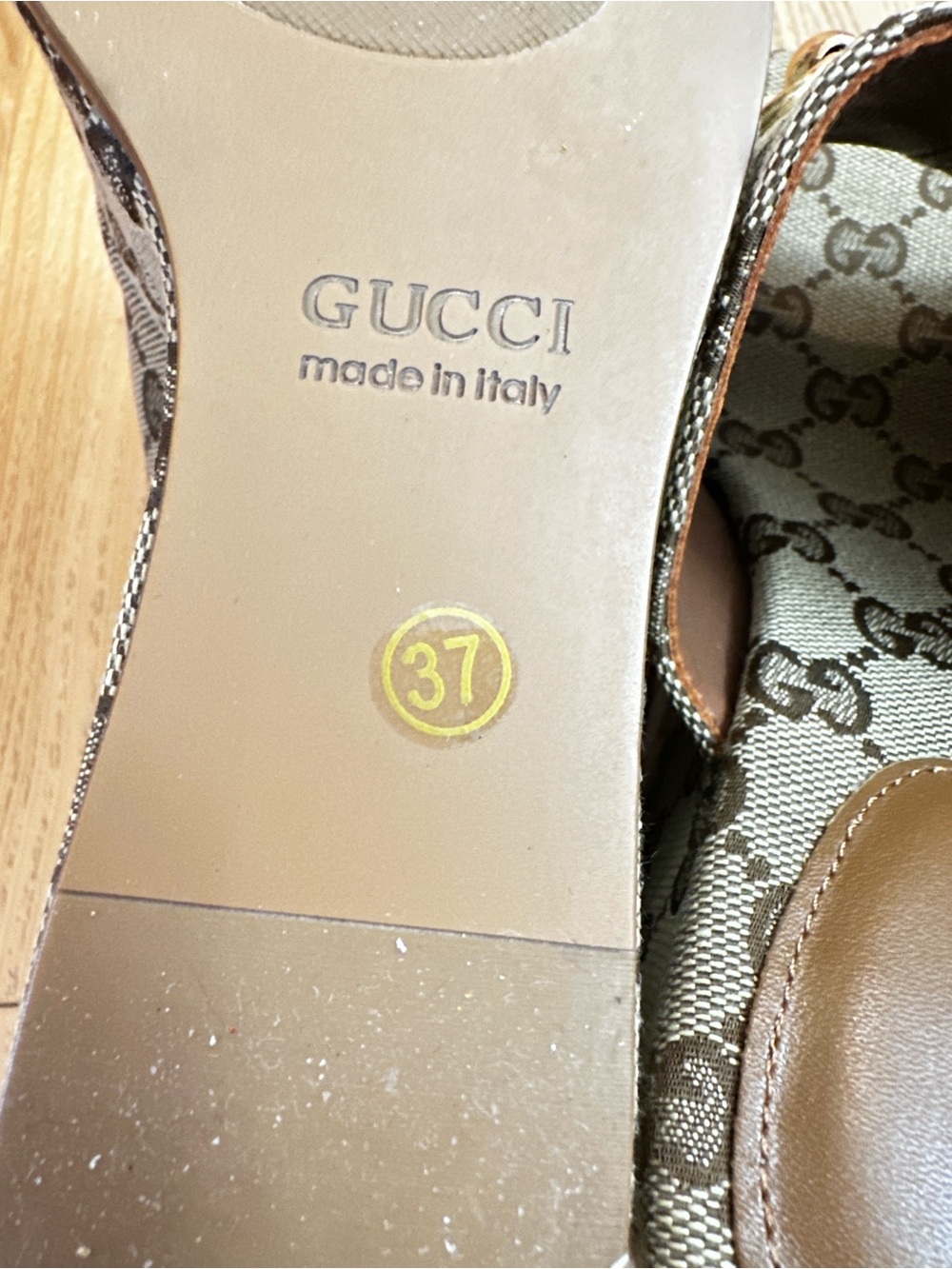 Gucci Beige Monogram Platform Mules with Gold Horsebit - Picture 5 of 9